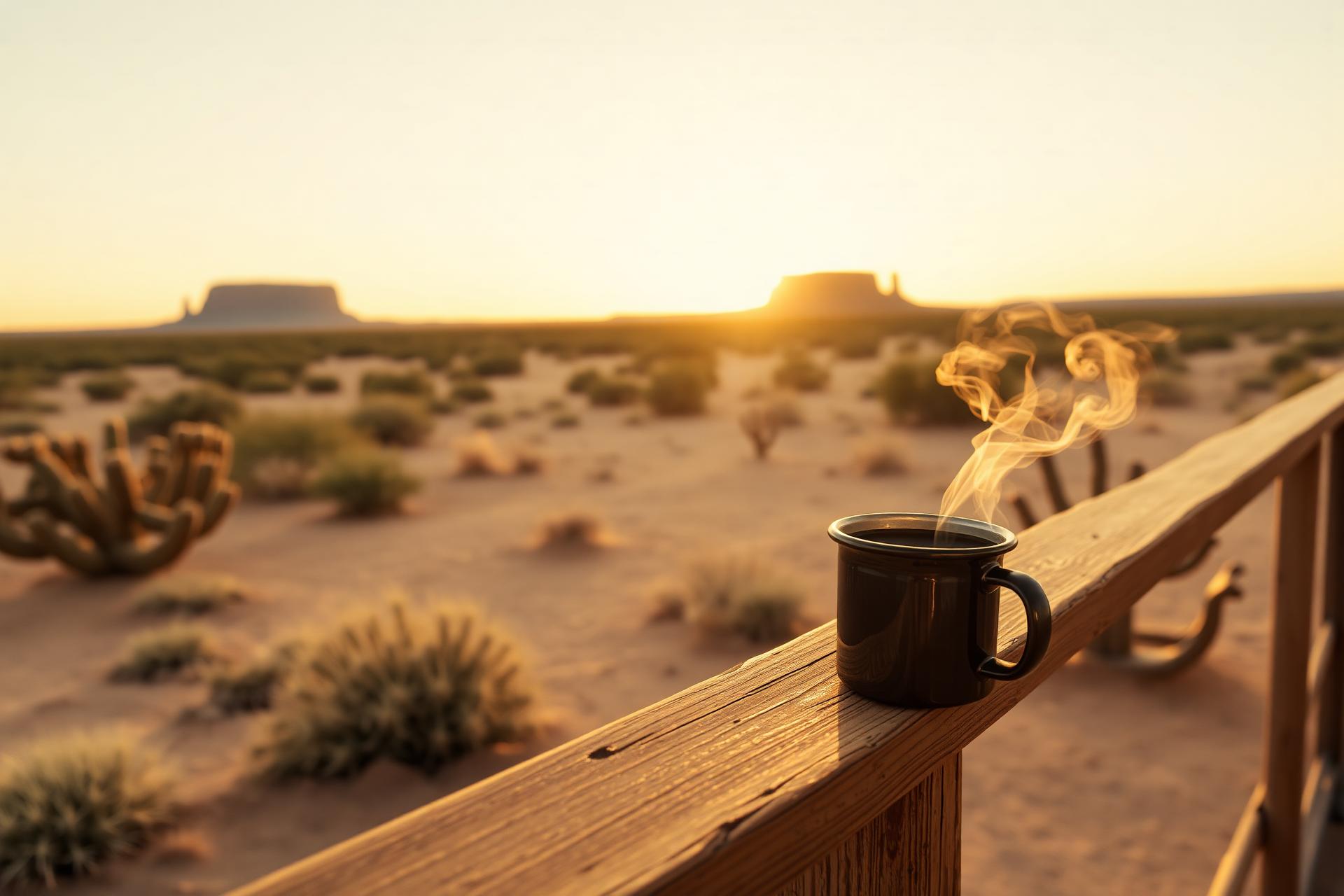 Sunrise over a Texas ranch with a steaming mug of Cactus Creek Ranch coffee